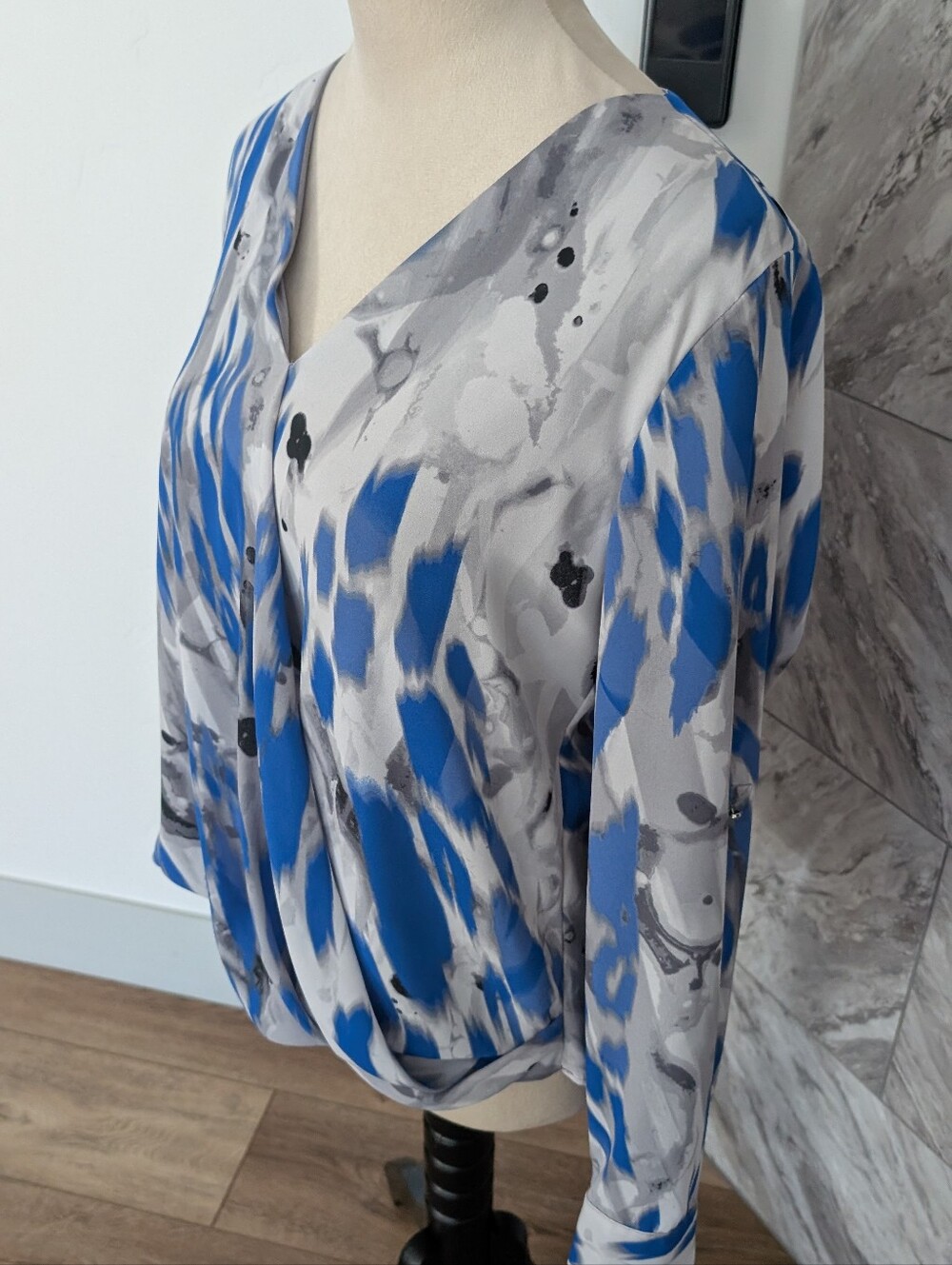 Alfani Blue and Gray Abstract V-Neck Blouse